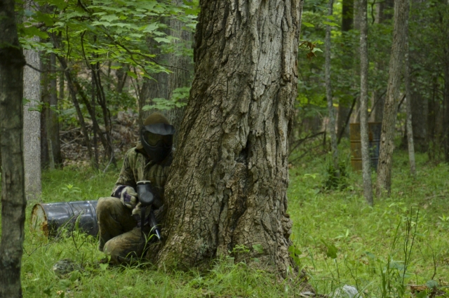  Uomo dietro un albero che gioca a paintball 