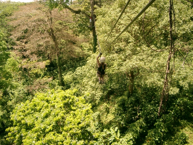 Man wearing black t-shirt during his zip-lining experiene