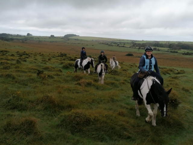  4 mujeres con suéteres azules divirtiéndose montando a caballo
