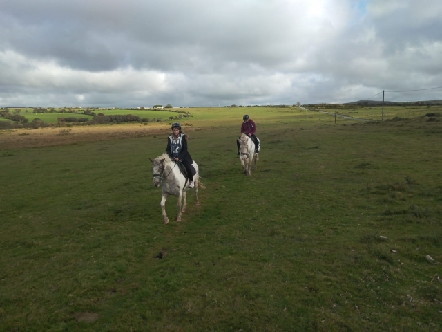  Mujer y hombre montando caballos blancos y yendo al King Arthur's Hall 