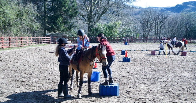  Enfant avec une veste bleue et un casque noir se préparant pour commencer le parcours équestre 