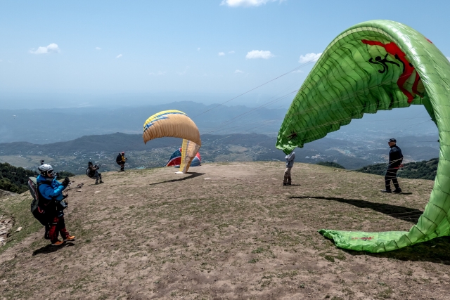 Group of people getting ready to paragliding on yellow and green flying paragliders