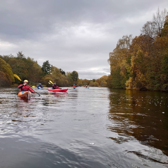 Persone che si divertono in kayak sul fiume e nella foresta intorno 