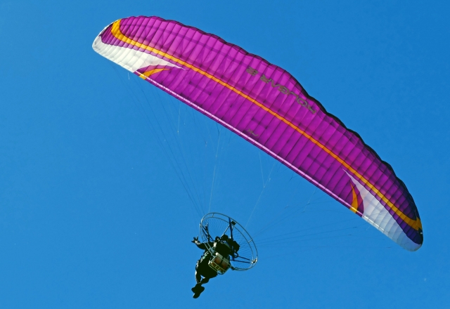 Abenteurer fliegt mit rosa Motorschirm 