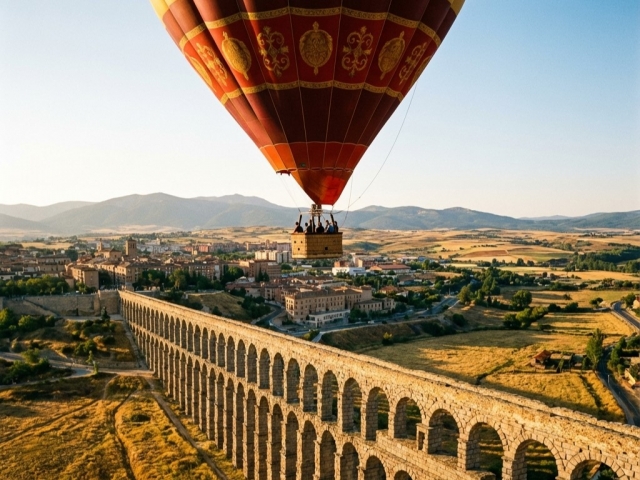 Balloon ride + toast + photos Segovia Aqueduct 3h